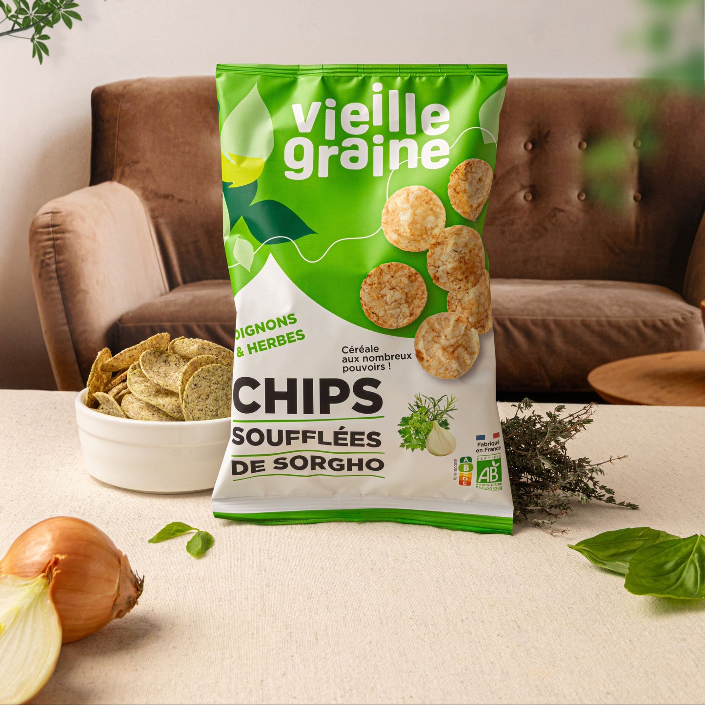 Chips soufflées de sorgho : oignon & herbes