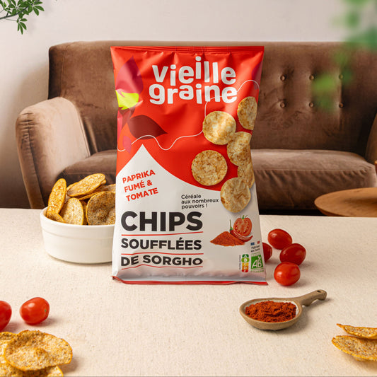 Chips soufflées de sorgho : paprika fumé & tomate